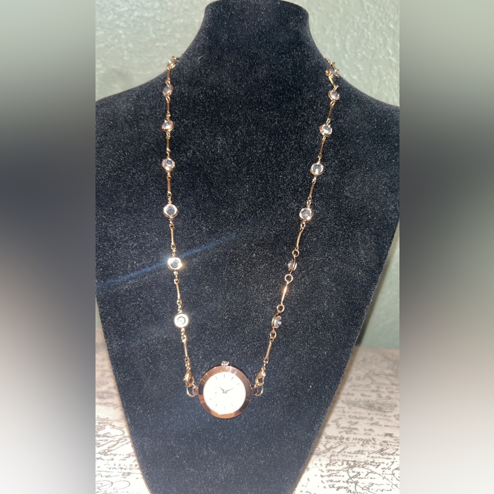 Strada Gold Crystal Station Pendant Watch Necklace